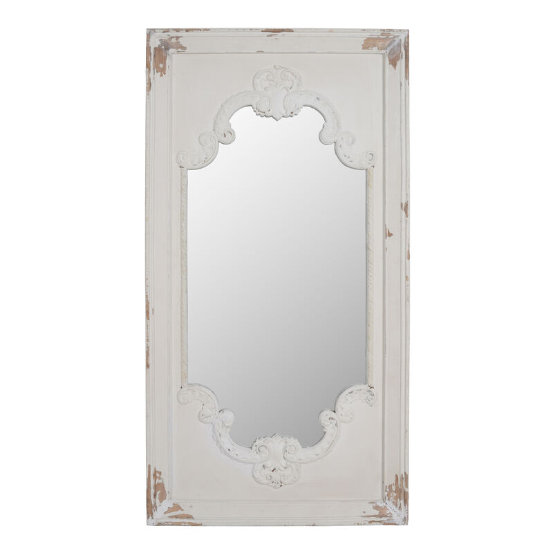 Wooden Rectangle Wall Mirror with Chipped Edges and Hook, White-Benzara