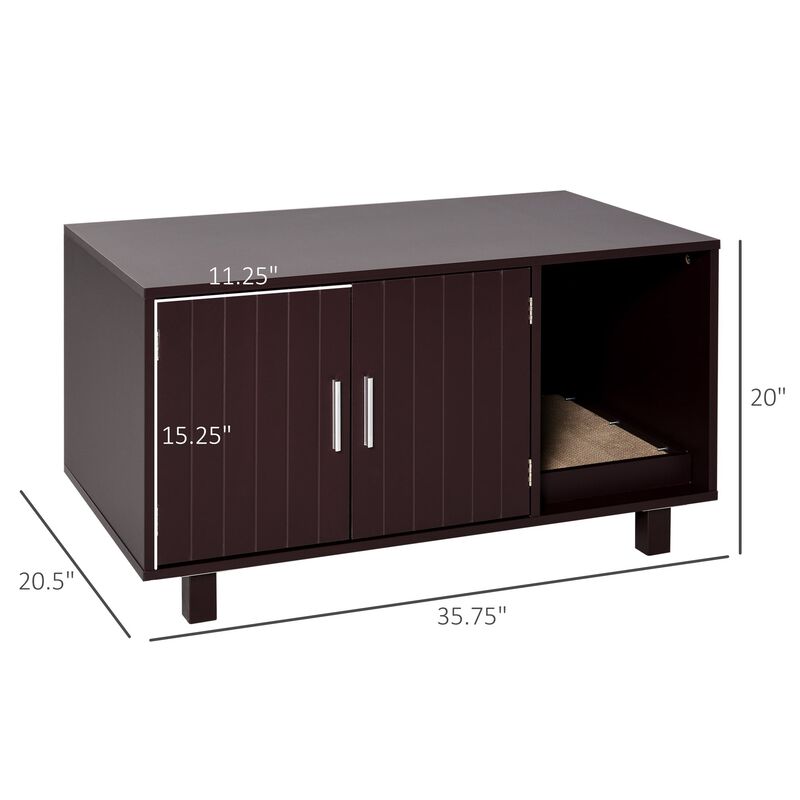 Brown Feline Hideaway: Wooden Litter Box Nightstand with Scratcher