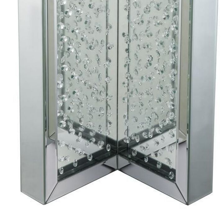 Round Mirrored Metal End Table with Glass Top and Crystal Accent Base, Silver-Benzara