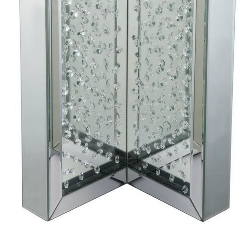 Round Mirrored Metal End Table with Glass Top and Crystal Accent Base, Silver-Benzara