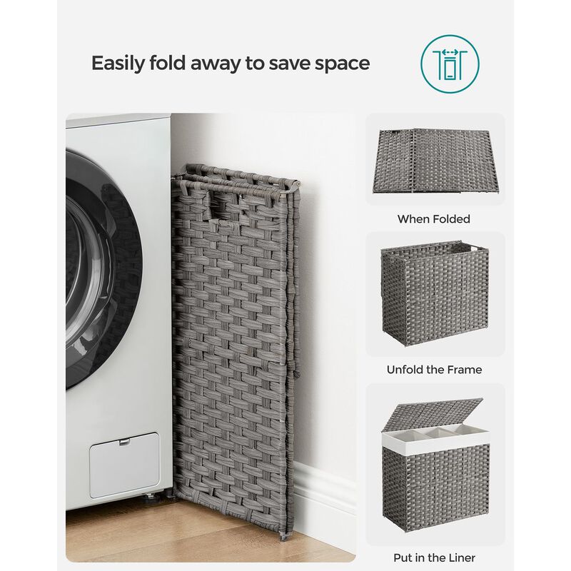 Handwoven 160L Rattan-Style Laundry Hamper with 3 Compartments and Removable Liner