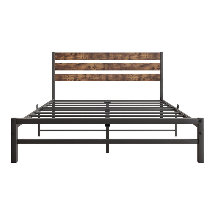 Queen Size Platform Bed Frame With Rustic Vintage Wood Headboard, Strong Metal Slats Support