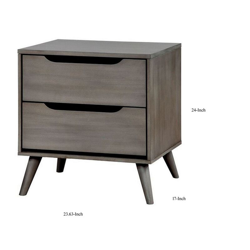2 Drawer Wooden Nightstand with Cut Out Pulls, Gray-Benzara