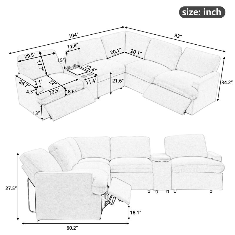 104" Power Recliner Corner Sofa Home Theater Reclining Sofa Sectional