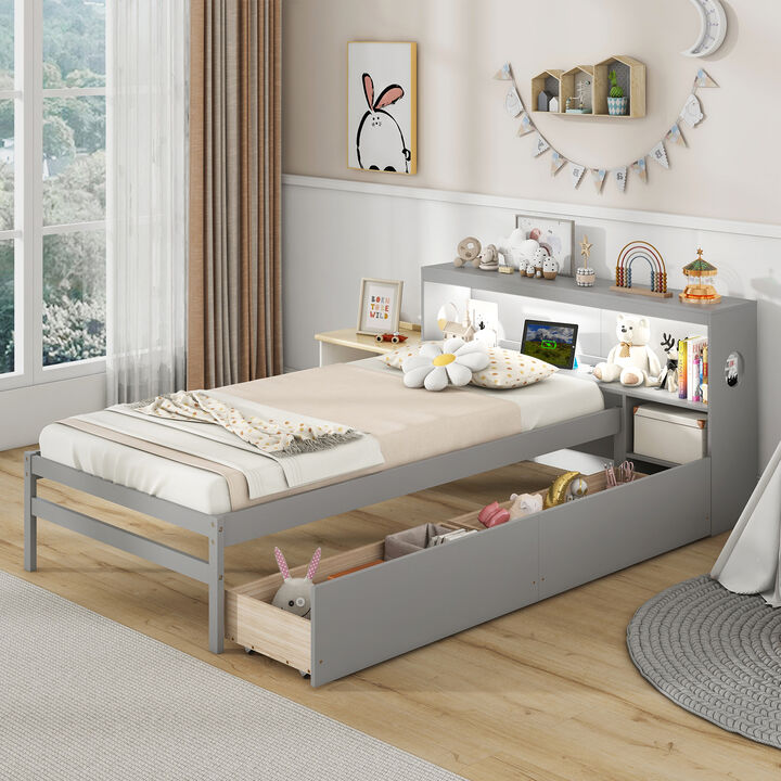 Bed Frame with LED Light and Bookcase Headboard