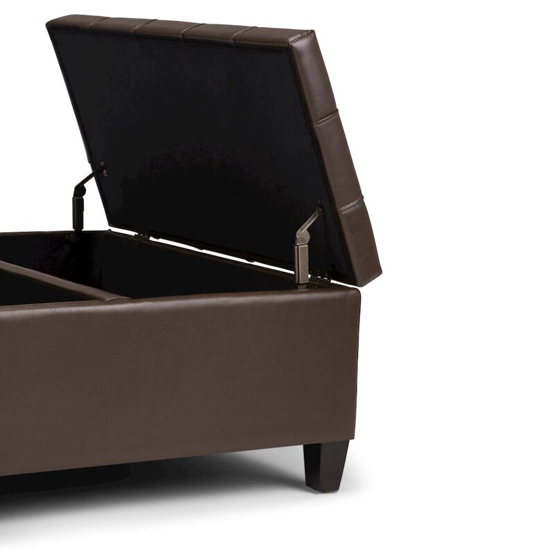 Simpli Home Harrison Coffee Table Storage Ottoman In Chocolate Brown Vegan Faux Leather
