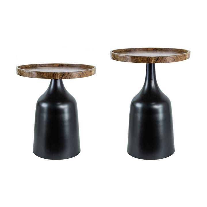 20, 17 Inch Side Table, Acacia Wood, Flared Pedestal Base, Aluminum, Black - Benzara