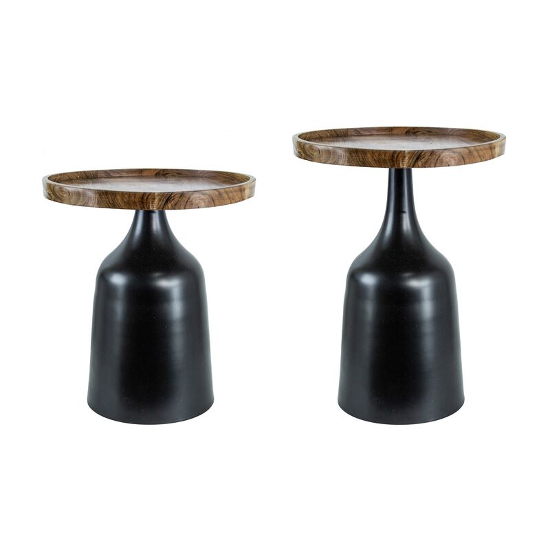 20, 17 Inch Side Table, Acacia Wood, Flared Pedestal Base, Aluminum, Black - Benzara