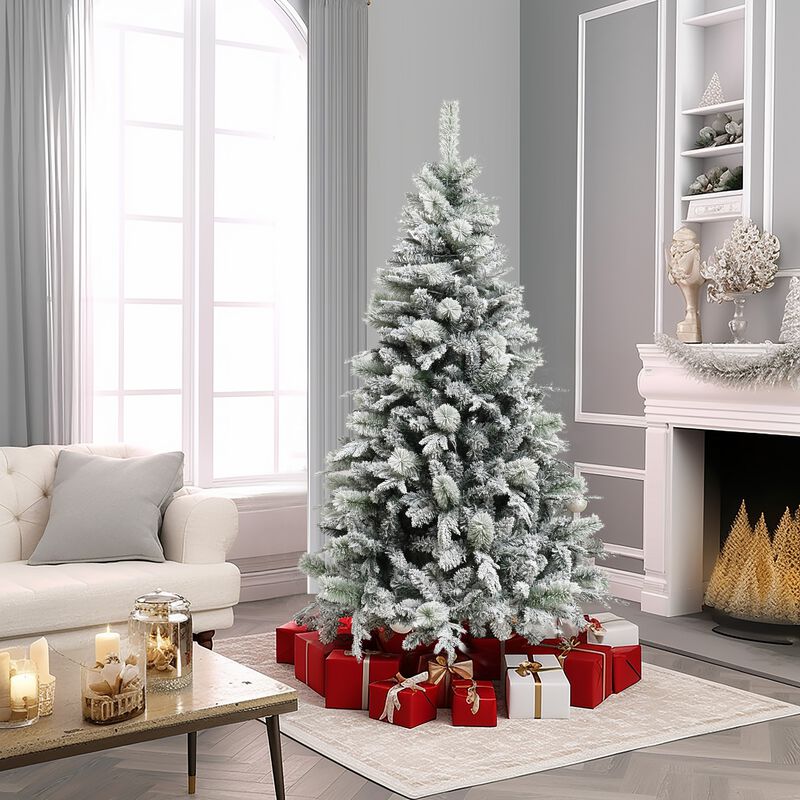 LuxenHome 6Ft Pre-Lit Full Artificial Snow-Flocked Christmas Tree, Multi Light Operations and Colors