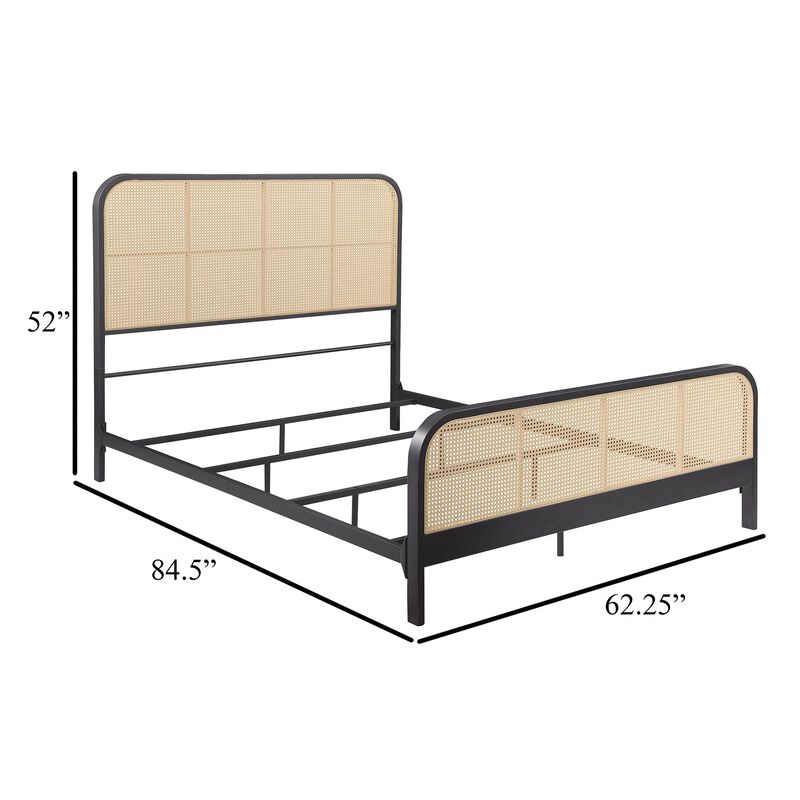 Lanie Queen Bed with Brown Open Cane Webbing Faux Rattan, Black Metal  - Benzara