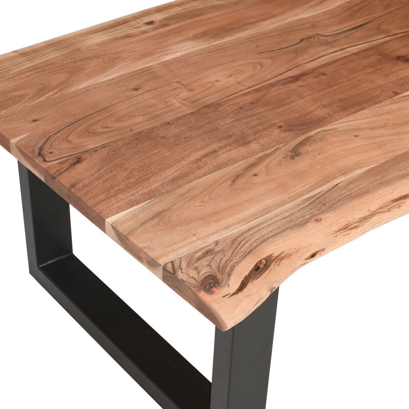 45 Inch Acacia Wood Rectangular Coffee Table, Live Edge Details, Black Powder Coated Metal Sled Base, Natural Brown-Benzara