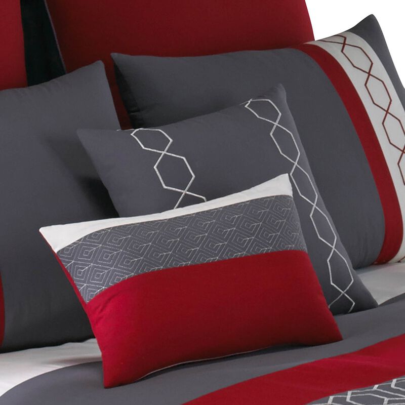 8 Piece King Comforter Set with Printed Trellis Pattern, Red-Benzara