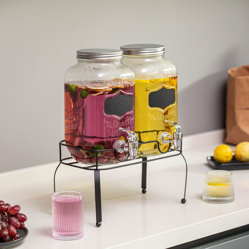 Basicwise 2-Pcs Glass Drink Dispenser Set with Metal Stand, Stainless Steel Spigots and Chalkboard Signs - Ideal for Serving Beverages, Water, Lemonade and Juice at Picnics, Camping Trips and Parties