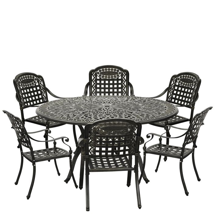 MONDAWE 7-Piece Cast Aluminium Patio Dining Set Aluminum Round Table with 6 Stationary Chairs