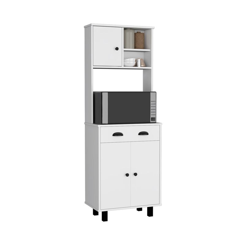 Kitchen Pantry 67" H, Two Cabinets, Three Doors, Two Open Shelves, One Drawer, Microwave Storage Option, White