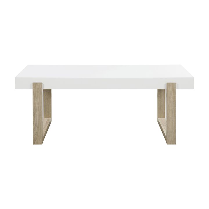Shay 47 Inch Coffee Table, Thick Rectangular Tabletop, High Gloss White-Benzara
