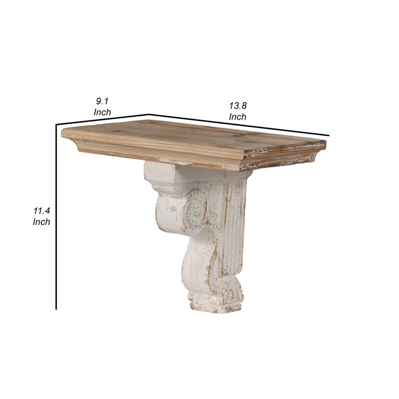 Rick 14 Inch Wall Shelf, Rectangular Brown Top, Fir Wood, Distressed White - Benzara