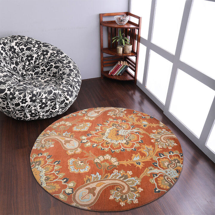 RUGSOTIC CARPETS HAND TUFTED WOOL ECO-FRIENDLY AREA RUGS  - 8'x8', Round Shape, Orange, Floral Modern Design, High Pile Thick Handmade Anti Skid Area Rugs for Living Room, Bed Room (K00151)