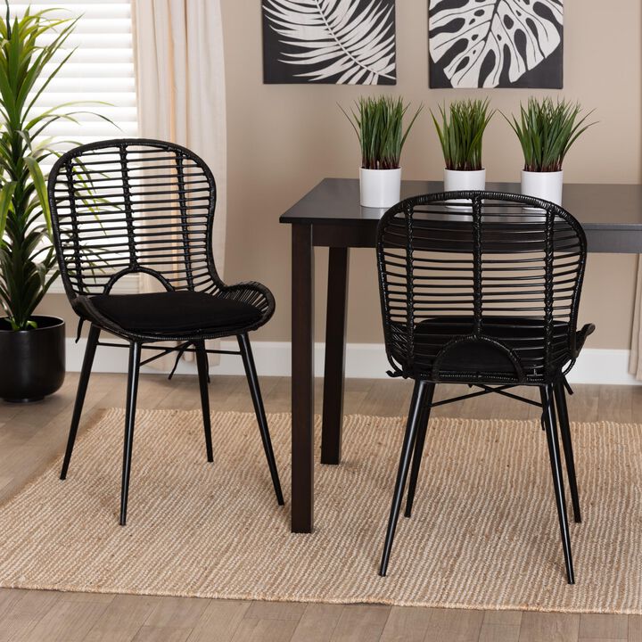 Bali & Pari Brenna Modern Bohemian Black Finished Rattan and Metal 2-Piece Dining Chair Set