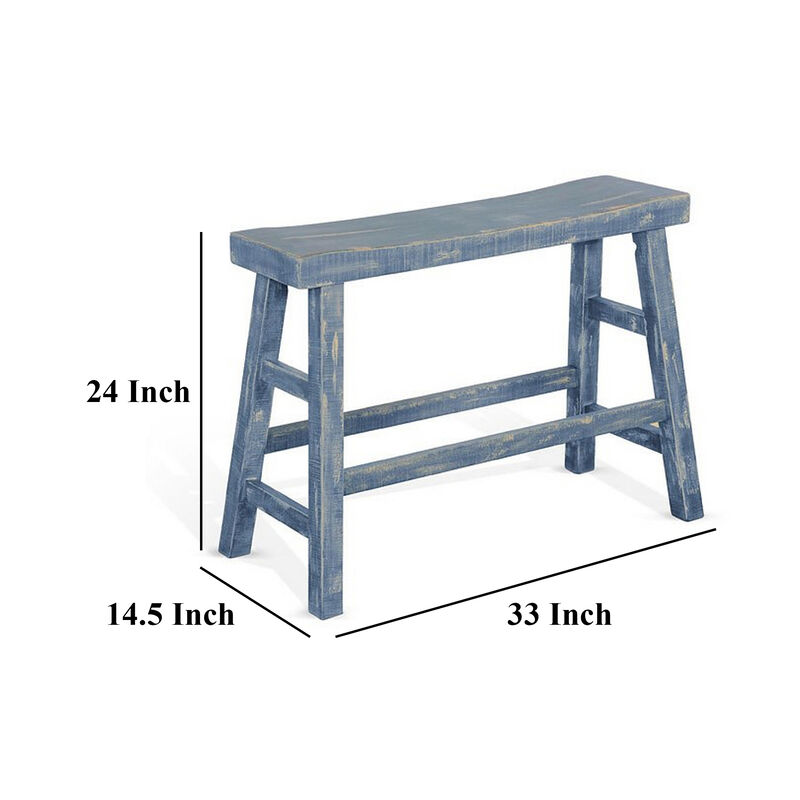 Rena Counter Height Bench, 33 Inch Ocean Blue Mahogany Wood Frame - Benzara