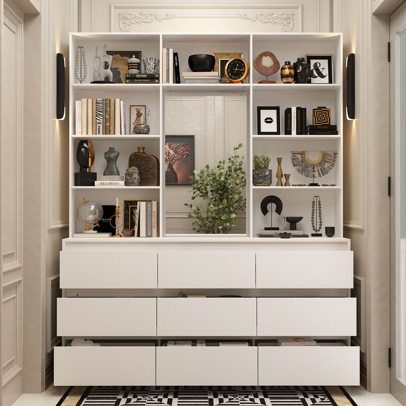 FUFU&GAGA White Bookcase with Adjustable Shelves and Drawers, (63" W x 15.7" D x 78.5" H),White