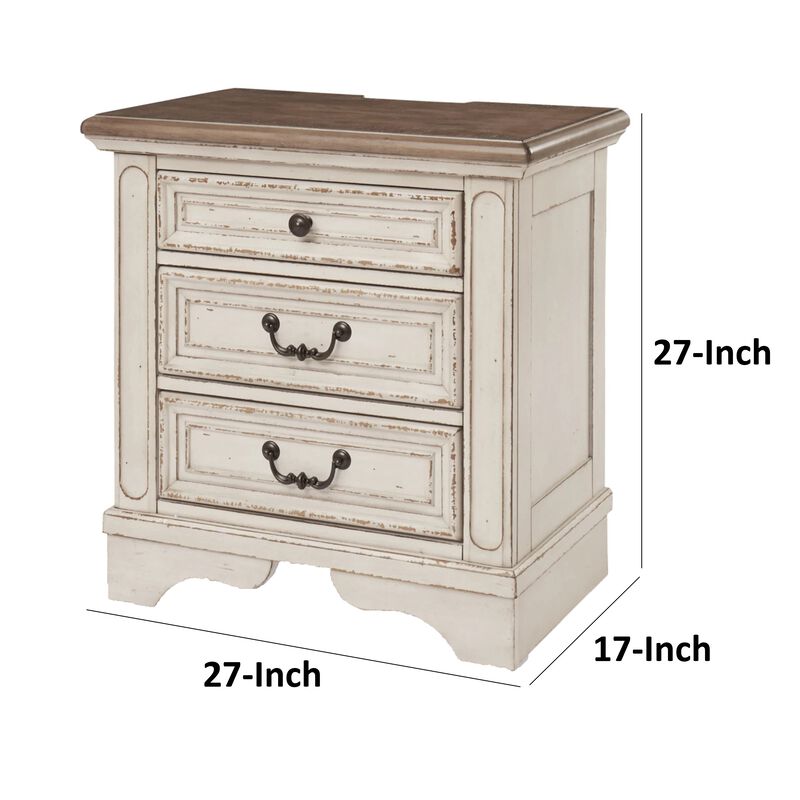 Beny 27 Inch Nightstand with 3 Drawers, Black Handles, White Wood Finish - Benzara