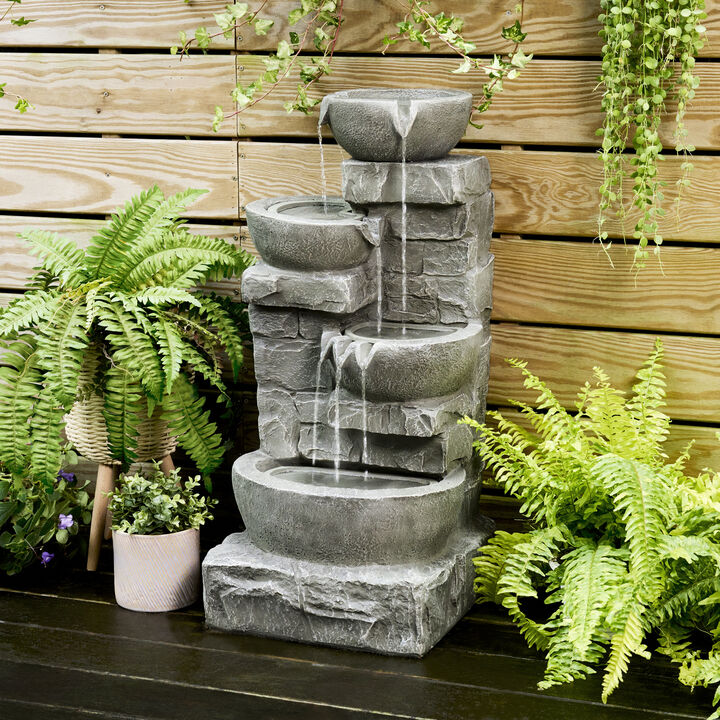 Teamson Home Outdoor Cascading Bowls and Stacked Stone Waterfall Fountain with LED Lights, Gray