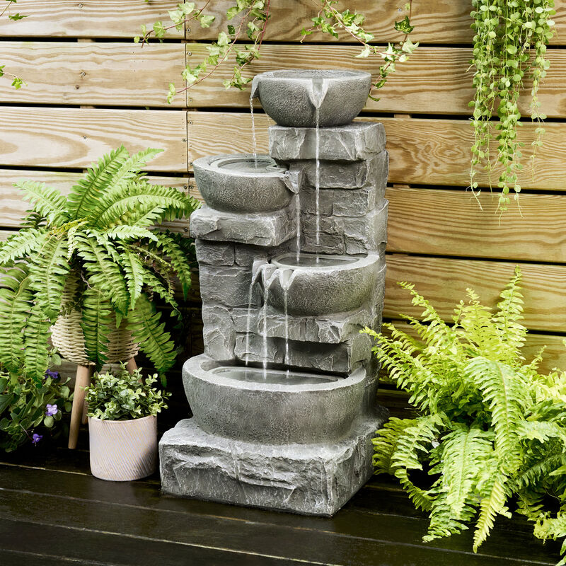 Teamson Home Outdoor Cascading Bowls and Stacked Stone Waterfall Fountain with LED Lights, Gray