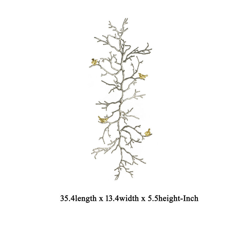 Branch Shape Aluminum Wall Decor with Gold Accented Four Birds, Silver - Benzara