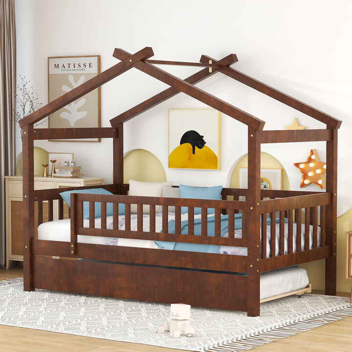 Wooden House Bed with Trundle for a Cozy and Fun Kids' Bedroom