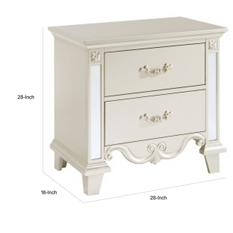 Xeni 28 Inch Nighstand, 2 Drawers, Scrolled and Mirror Accent, Champagne - Benzara