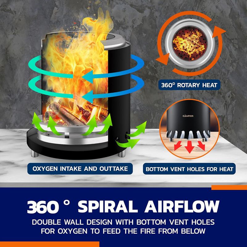 Wood Burning Fire Pit Stove - Smokeless Outdoor Stove for Wood Fires, Camping, Cooking, and Garden Gatherings, Durable, Stainless Steel with Removable Ash Pan, with Stand and Black Carry Bag
