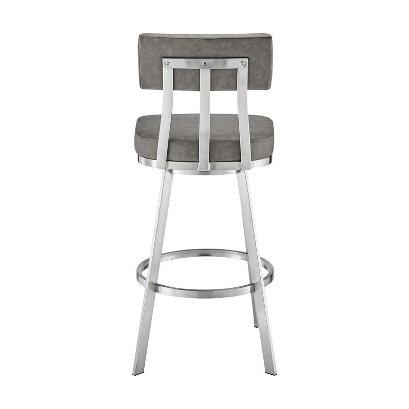 Col 26 Inch Swivel Counter Stool, Gray Faux Leather, Stainless Steel Frame - Benzara