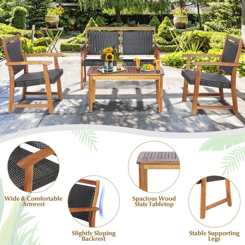 4 Pieces Outdoor Patio Rattan Furniture Conversation Sets  with Acacia Wood Frame