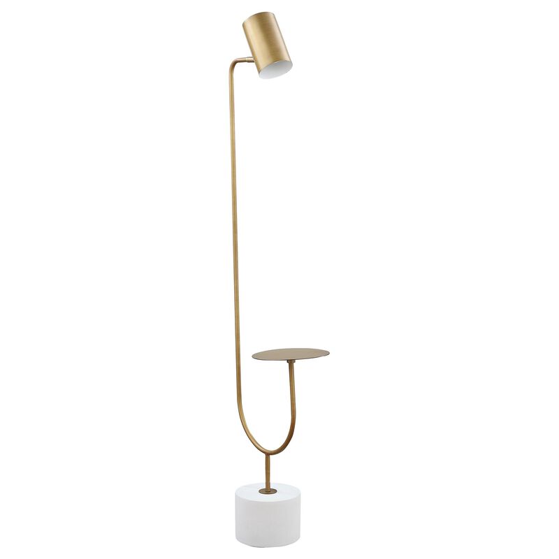 Ely Floor Lamp, White Round Base, Round Tabletop, Gold Metal Finish, Gray - Benzara