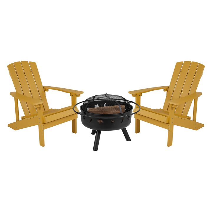 Flash Furniture 3 Piece Charlestown Adirondack Chair Set with Fire Pit - 2 Yellow Poly Resin Wood Chairs - Star and Moon Fire Pit with Mesh Cover