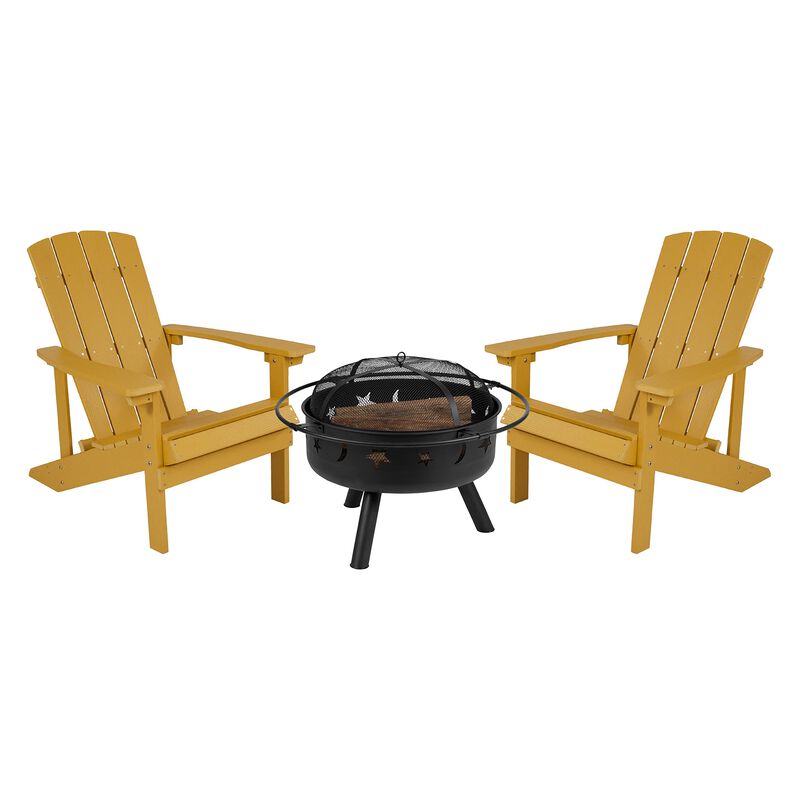Flash Furniture 3 Piece Charlestown Adirondack Chair Set with Fire Pit - 2 Yellow Poly Resin Wood Chairs - Star and Moon Fire Pit with Mesh Cover
