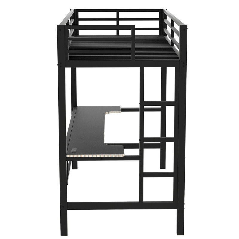 Merax Gaming Metal Loft Bed Frame with LED Light and Desk