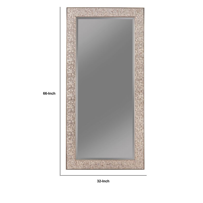 Rectangular Beveled Accent Floor Mirror with Glitter Mosaic Pattern, Silver-Benzara