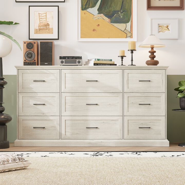 FUFU&GAGA 9-Drawer Dresser, Large Wooden Storage Chest with Black Metal Handles, for Bedroom & Living Room,(70.9" W x 37" H x 15.7" D),Rustic White
