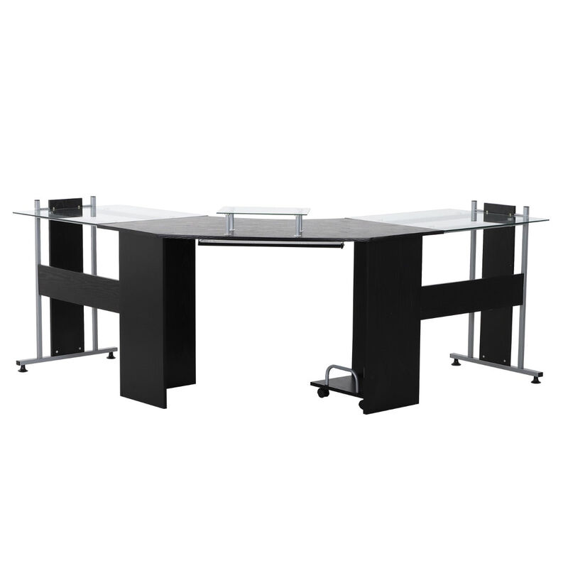 Black Glass Workstation: 69" L-Shaped Desk with Monitor Stand & Keyboard Tray