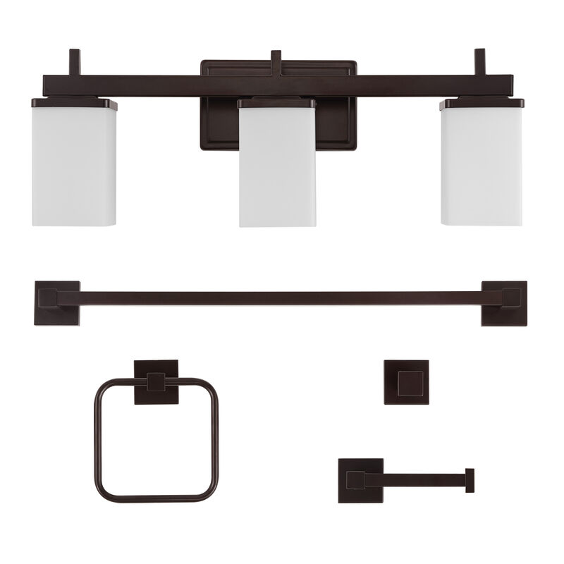 Caia 22.38" 3-Light Modern Contemporary Vanity Light with Frosted Glass Shades and Bathroom Hardware Accessory 5-Piece Set