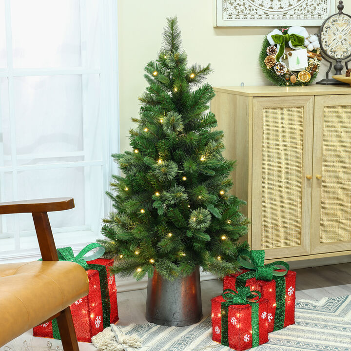 LuxenHome 4Ft Artificial Christmas Potted Pine Tree with Lights