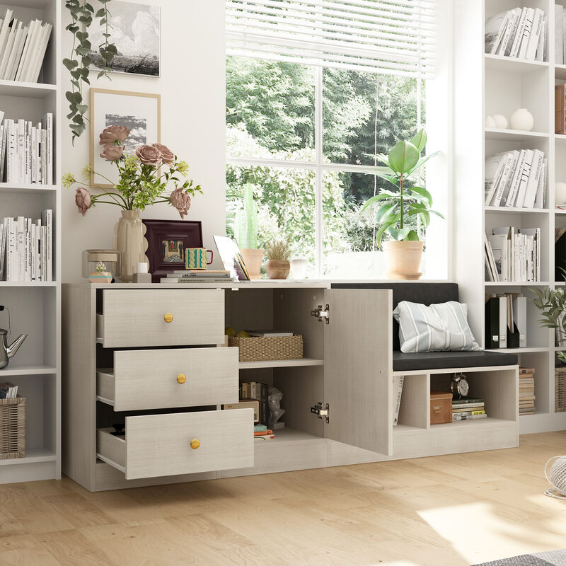 FUFU&GAGA Storage Bench with Cushion Seating, 3 Drawers, Shelving Units, (63" W x 15.7" D x 23.6" H), White