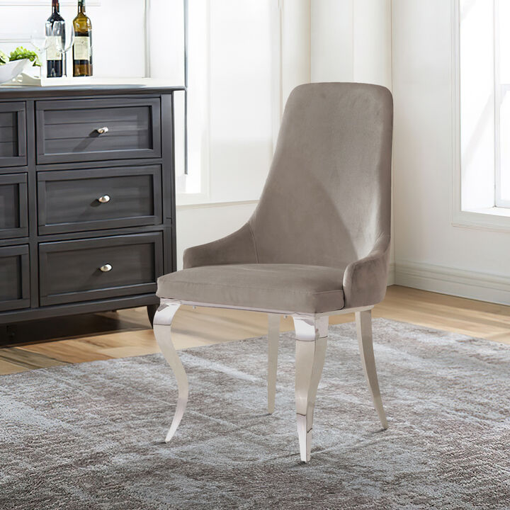 22 Inch Set of 2 Dining Chairs, Gray Velvet Upholstery, Sabre Steel Legs - Benzara