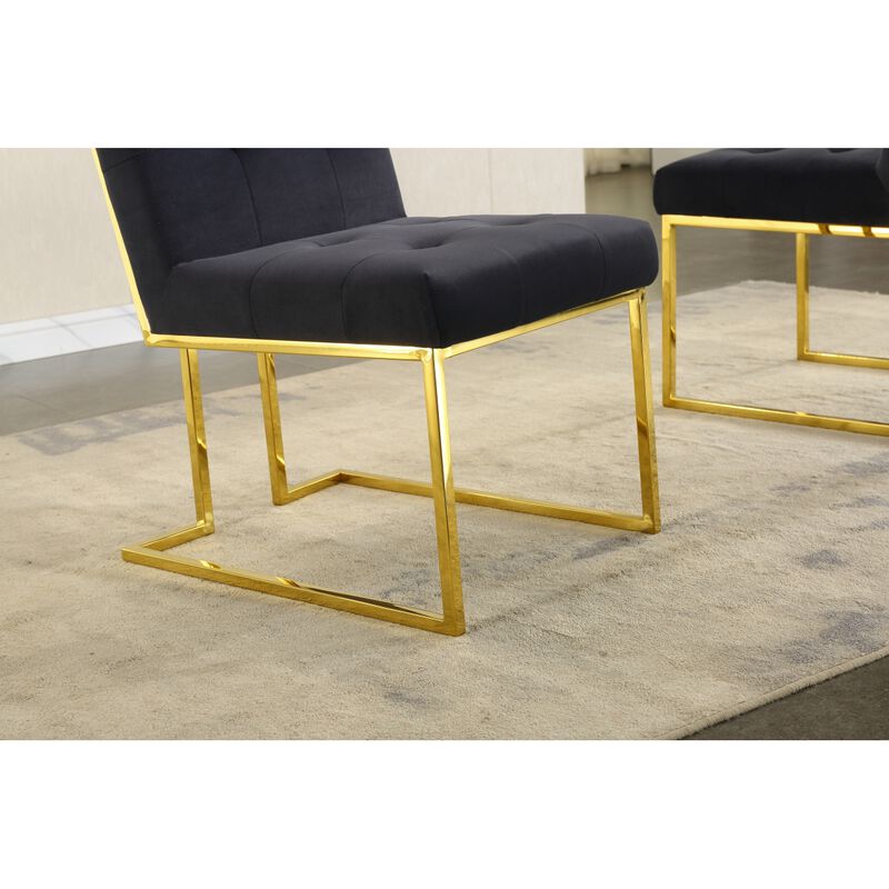 Modern Velvet Dining Chair Set Of 2, Tufted Design And Gold Finish Stainless Base