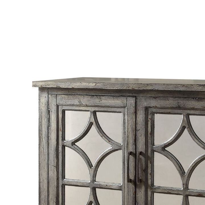 Storage Cabinet with 2 Doors and Diamond Mirror Trim, Weathered Gray-Benzara