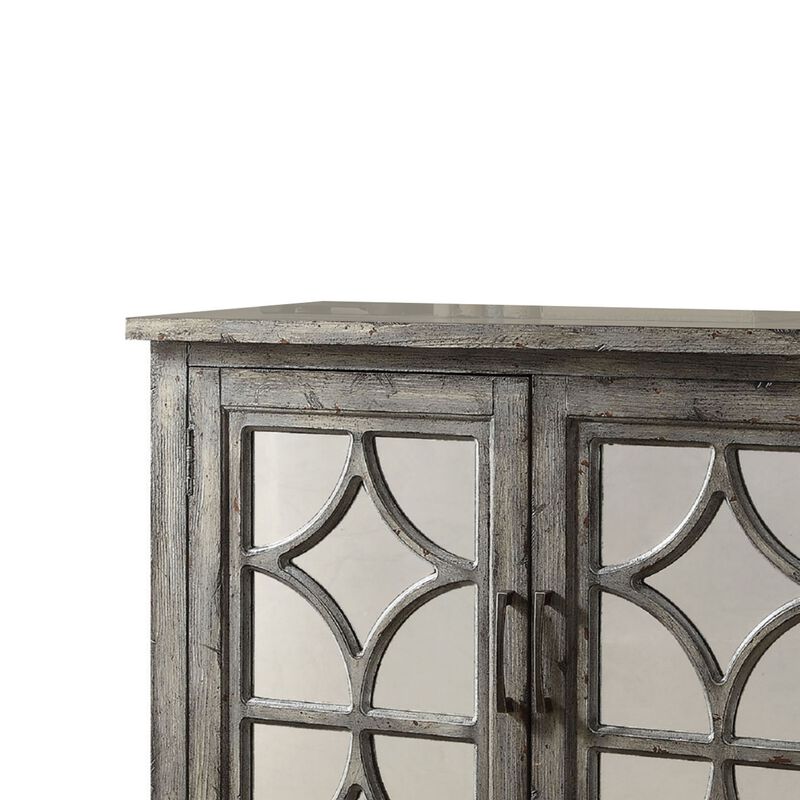 Storage Cabinet with 2 Doors and Diamond Mirror Trim, Weathered Gray-Benzara