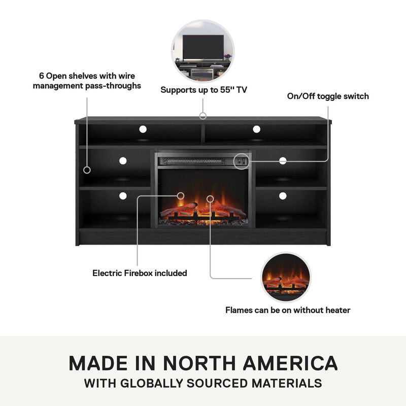 REALROOMS Hickory Hill 55" TV Stand with Electric Fireplace Space Heater and 6 Shelves