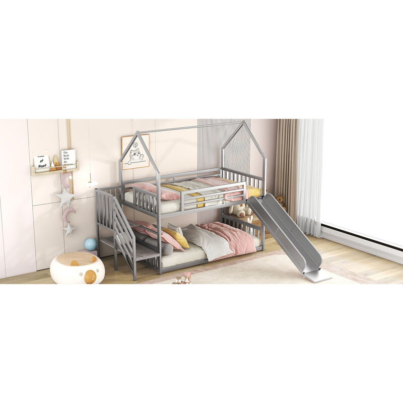 Twin Over Twin Metal Bunk Bed House Bed With Slide And Staircase, Silver